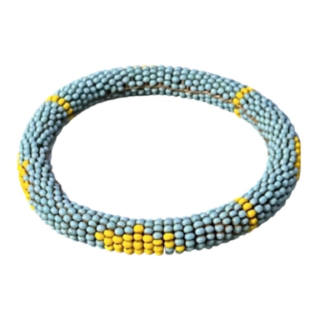 Vintage Native Artisan Turquoise & Yellow Seed Beaded On Leather Tribal Bangle